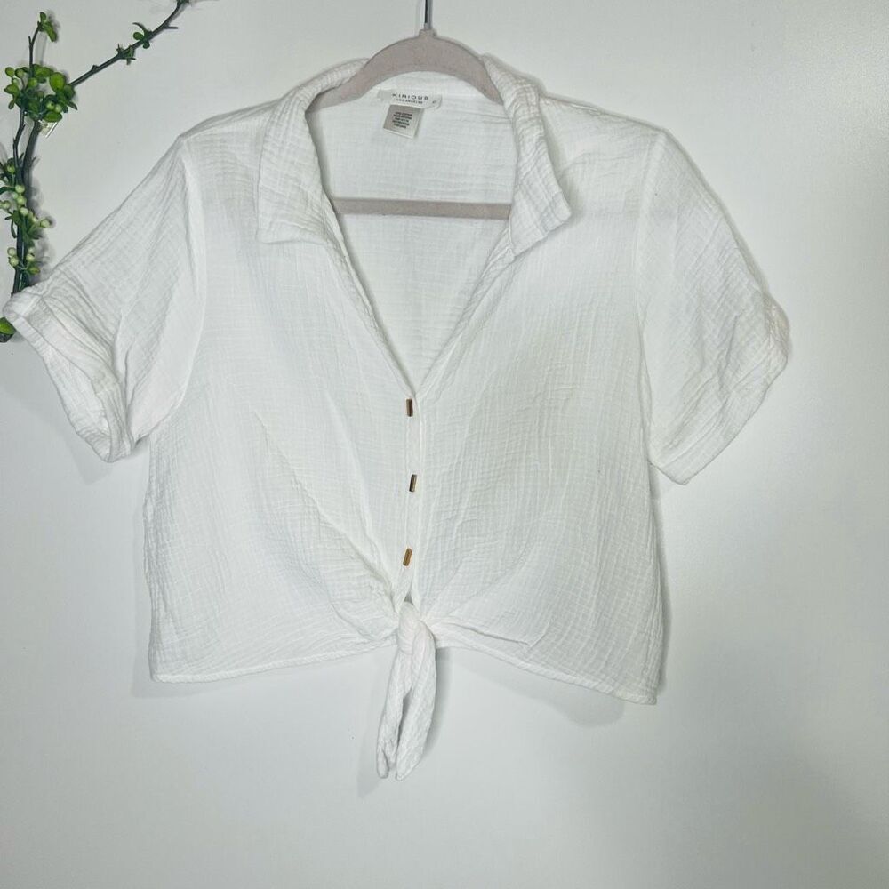 Kirious Los Angeles White Gauzy Crop Top Gold Buttons Sz Large